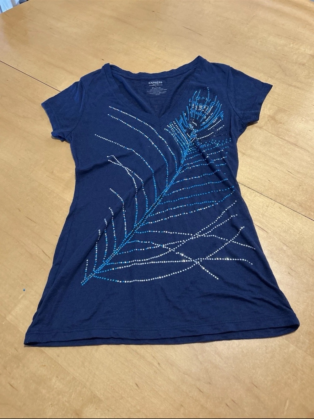 Express Navy Short-Sleeve V-Neck Tee with Blue and Silver Feather Accent